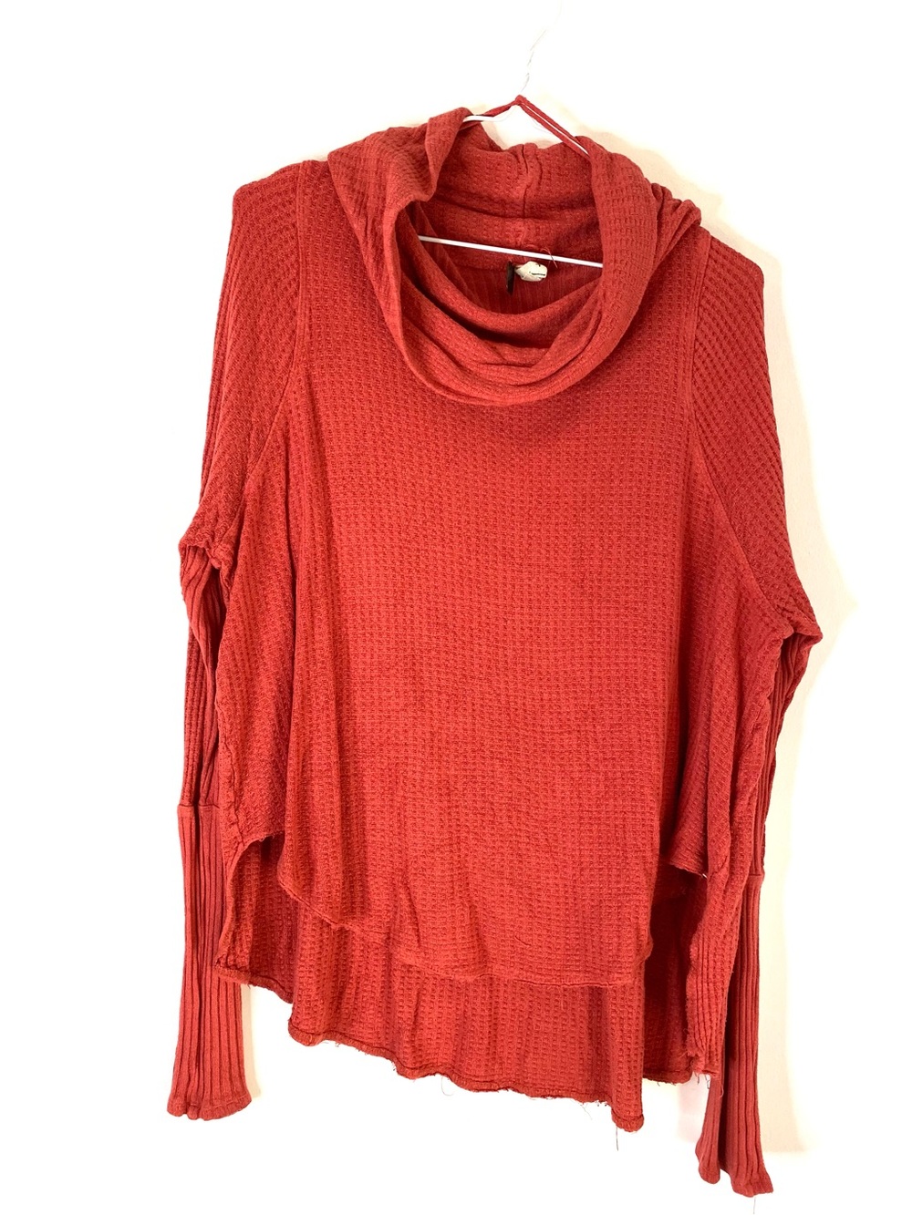 We The Free Free People Rust Waffle Knit Oversized Cowl Neck Thermal Top
